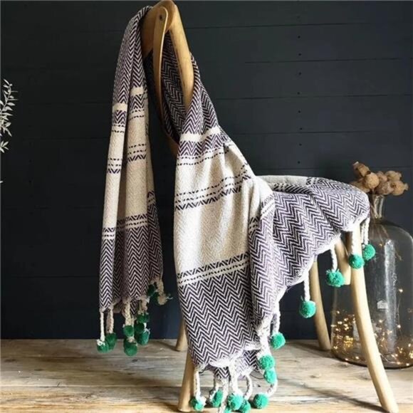 NEW Anthro Striped Blue Green Pom Pom Boho Tassel Knit Throw Blanket - 50" x 60" - Picture 2 of 11